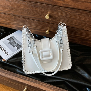 Urban Fashion Women PU Leather Underarm Bucket Bag Vintage Contrasting Color Design Handbag With Metal Chain Shoulder Strap