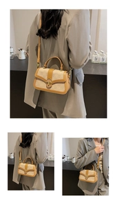 Three views of a vintage jacquard crossbody bag with brown leather trim and gold lock