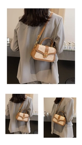 Detailed view of beige checkered crossbody bag with brown leather trim and gold twist lock