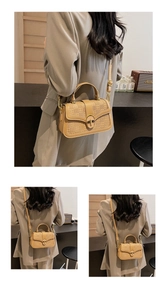 Detailed view of apricot PU leather shoulder bag with embossed checkerboard and gold lock