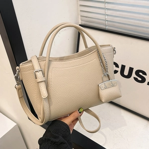 Women Large Capacity PU Leather Bucket Bag Fashion Contrast Stitching Shoulder Crossbody Bag With Mini Pouch Pendant