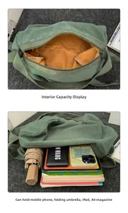 Vue intérieure du sac en toile verte montrant la grande capacité pour iPad et livres A4