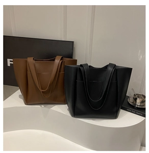 Minimalist faux leather tote bags in brown and black with front pocket and long straps