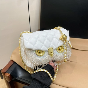 Fashion Owl Shape Quilted Shoulder Bag For Women Rhinestone Tassel Pearl Chain Crossbody Bag PU Leather Small Square Bag