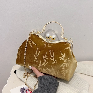 Vintage Velvet Evening Handbag With Bamboo Leaf Pattern Artificial Pearl Kiss Lock Formal Clutch Bag For Women Chinese Style Party Banquet Wedding Purse