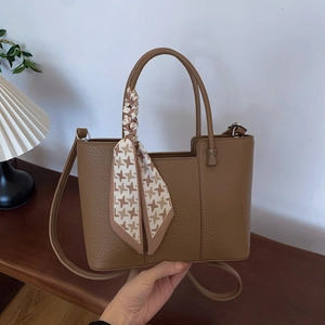 Brown litchi grain tote bag with silk scarf and adjustable strap for women