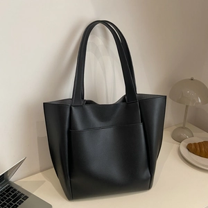 Fashion Large Capacity PU Leather Lychee Pattern Tote Bag Commuter Single Shoulder Bag Casual Handbag With Front Pocket