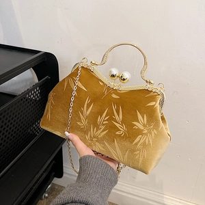 Vintage velvet evening bag with bamboo pattern and pearl clasp for cheongsam style