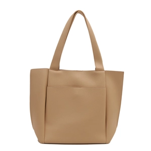 Minimalist light brown pebbled leather tote bag with large front pocket for daily commute