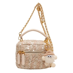 Pink tweed crossbody bag with silver sequins, chain strap and cute plush charm