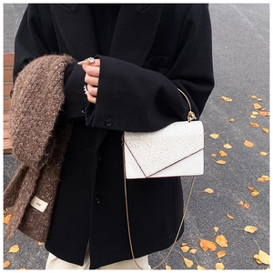 Detail of white sequin purse with gold arch handle on asphalt with autumn leaves