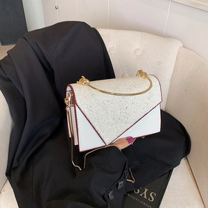 Women Sequin Patchwork Small Square Bag Chic PU Leather Top Handle Handbag With Metal Ring And Gold Chain Shoulder Bag