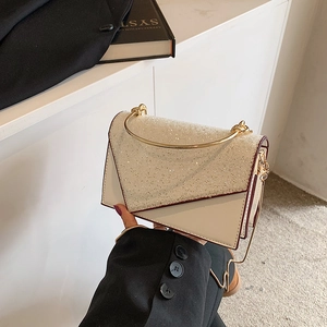 Elegant white sequin small square bag with golden metal handle and chain strap
