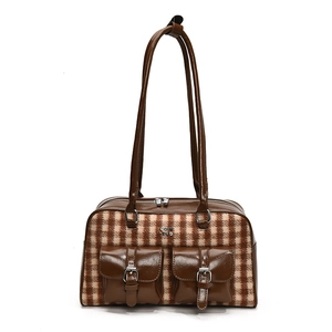 Retro plaid wool shoulder bag with vintage dual front pockets and brown leather trim