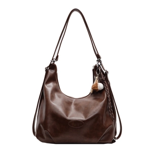 Retro dark brown PU leather hobo tote with fashion shoulder strap and baseball charm