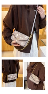 Three-view detail of a vintage printed handbag with leather strap and golden chain link