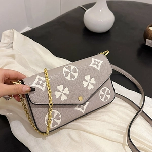 Retro grey leather handbag with clover pattern, gold chain strap and crossbody strap