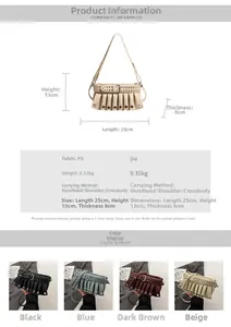 Detailed view of pleated PU leather handbag with rivet belts and product dimensions