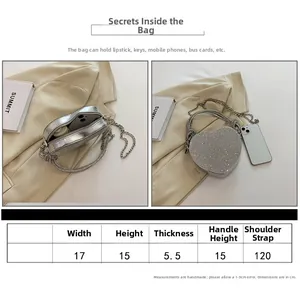 Guide des tailles détaillé pour sac de soirée cœur en strass argenté avec dimensions