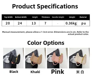 Detailed size chart and multi-color options for PU leather crossbody bag with chain strap