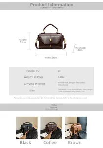 Detailed size chart for vintage PU leather Boston bag featuring dimensions 21x13x8 cm