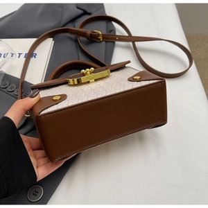 Detail of a brown and beige patchwork box bag with a round gold metallic lock buckle