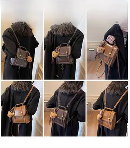 Detailed views of vintage PU leather backpack in dark brown and caramel with plush bear