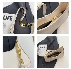 Detailed views of beige underarm bag showing gold chain, zipper and sleek PU leather texture