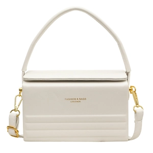 Minimalist white rectangular box handbag with gold hardware and embossed details