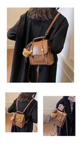 Brown leather multi-way mini bag showing backpack, crossbody, and handbag styles