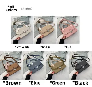Collage of fashion crossbody bags in seven colors with printed silk scarf handle detail