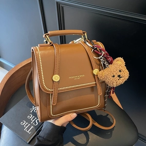 Vintage PU Leather Small Backpack For Women Rivet Stitching Commuter Shoulder Bag With Bear Pendant Korean Fashion Bag