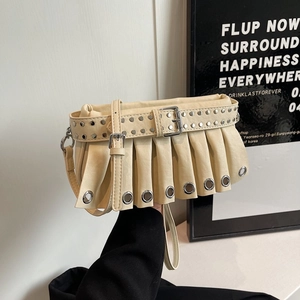 Retro PU Leather Pleated Underarm Bag For Women Punk Rivet Belt Buckle Shoulder Crossbody Bag Fashion Street Handbag