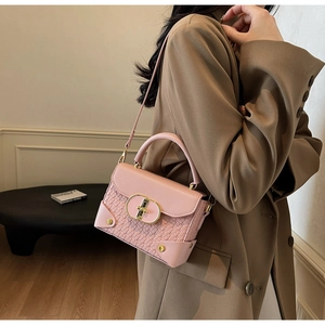 Detail of pink leather handbag with gold twist lock on a model in a brown blazer