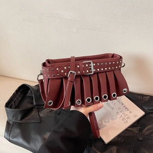 Burgundy punk pleated shoulder bag with silver rivets and metal grommets on leather