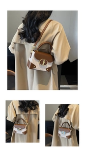 Detail of vintage patchwork handbag featuring brown leather and woven white texture