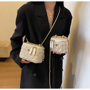 Detailed comparison of small and mini tweed chain bags with camellia metal accents