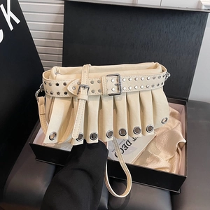 Beige pleated underarm bag with metal rivets and belt buckle in a premium gift box