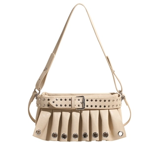 Y2K punk style pleated shoulder bag in beige with silver rivets and metal grommets