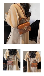 Detail of a brown textured crossbody box bag with a vintage gold oval metallic lock