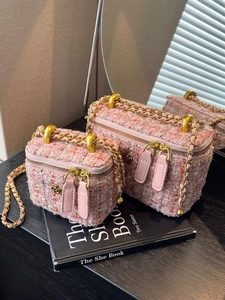 Pink tweed vanity bag set with camellia hardware and gold chain strap on books