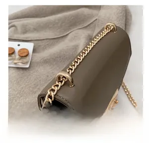 Detail of the golden chain strap and textured brown leather on a luxury crossbody bag