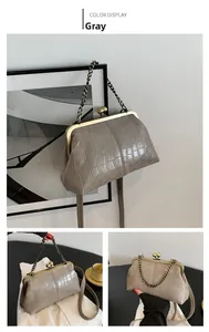 Detail of grey crocodile texture kiss-lock bag with vintage bronze chain strap