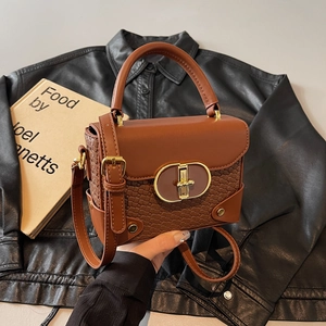 Chic brown PU leather box handbag with woven side panels and vintage gold lock