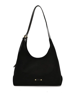 Matte black bucket shoulder bag with adjustable strap and gold rivet details