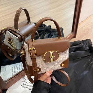 Chic two-tone contrast tote with beige weaving and brown leather handle for women