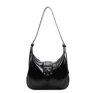 Polished black underarm bag with silver buckle and adjustable strap for women