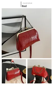 Detail of red crocodile texture handbag with vintage brass hardware and chain strap