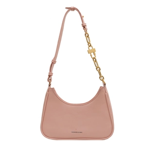 Chic pink crescent underarm bag with gold chain strap and Fashion & Bag logo