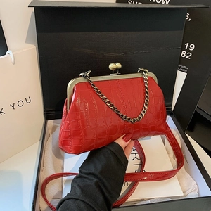 Red crocodile pattern vintage clasp handbag with chain strap in a premium gift box